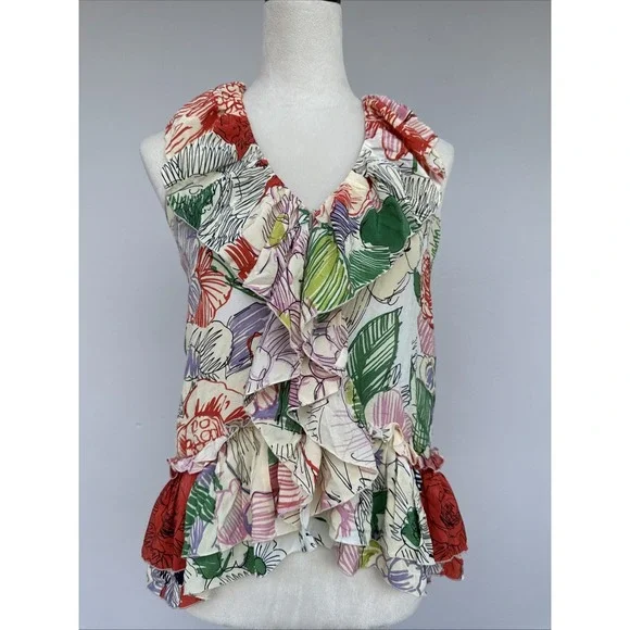 Stella McCartney Silk Floral Ruffle Blouse Cream Multicolor Peplum Top Sz-S
